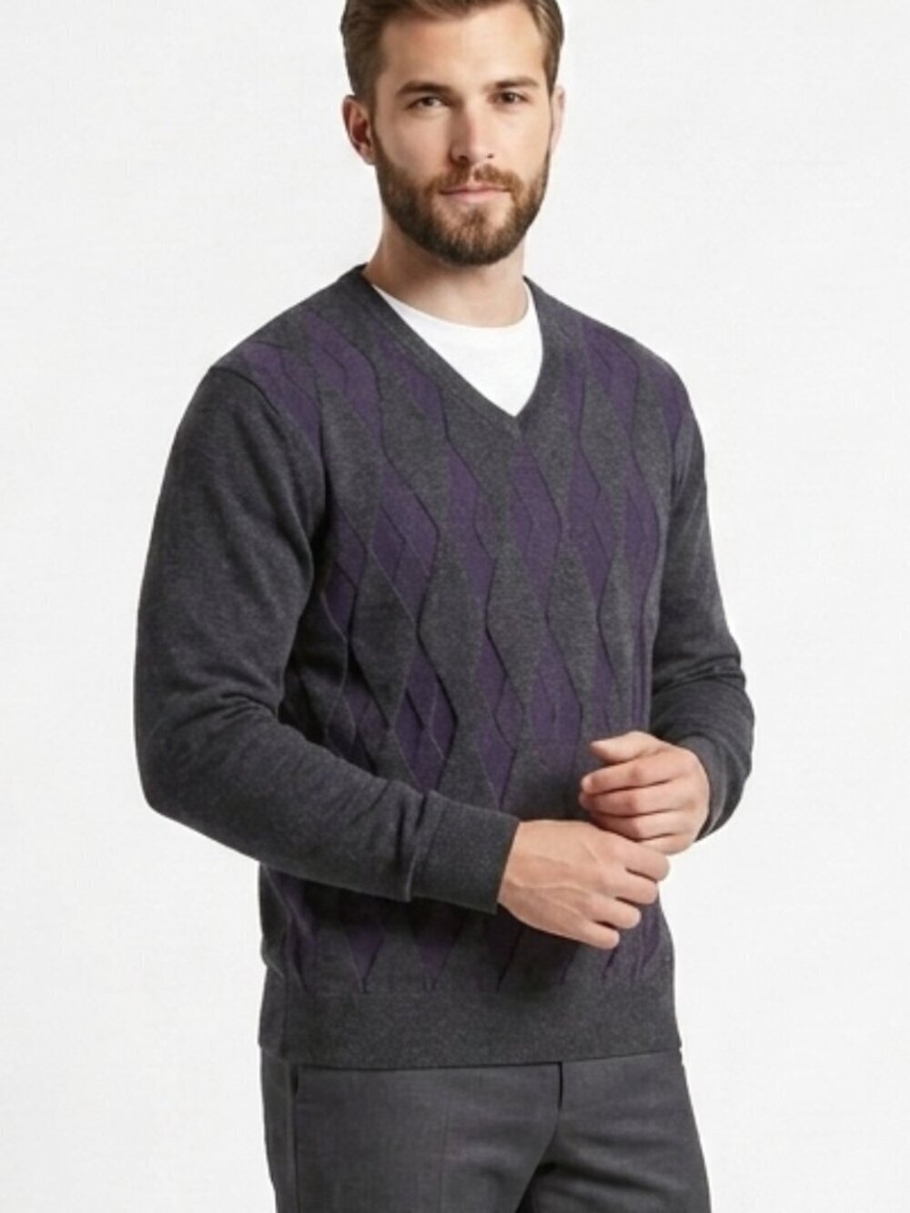 Vintage J FERRAR Cotton Cashmere V Neck Gray Purple Sweater Large